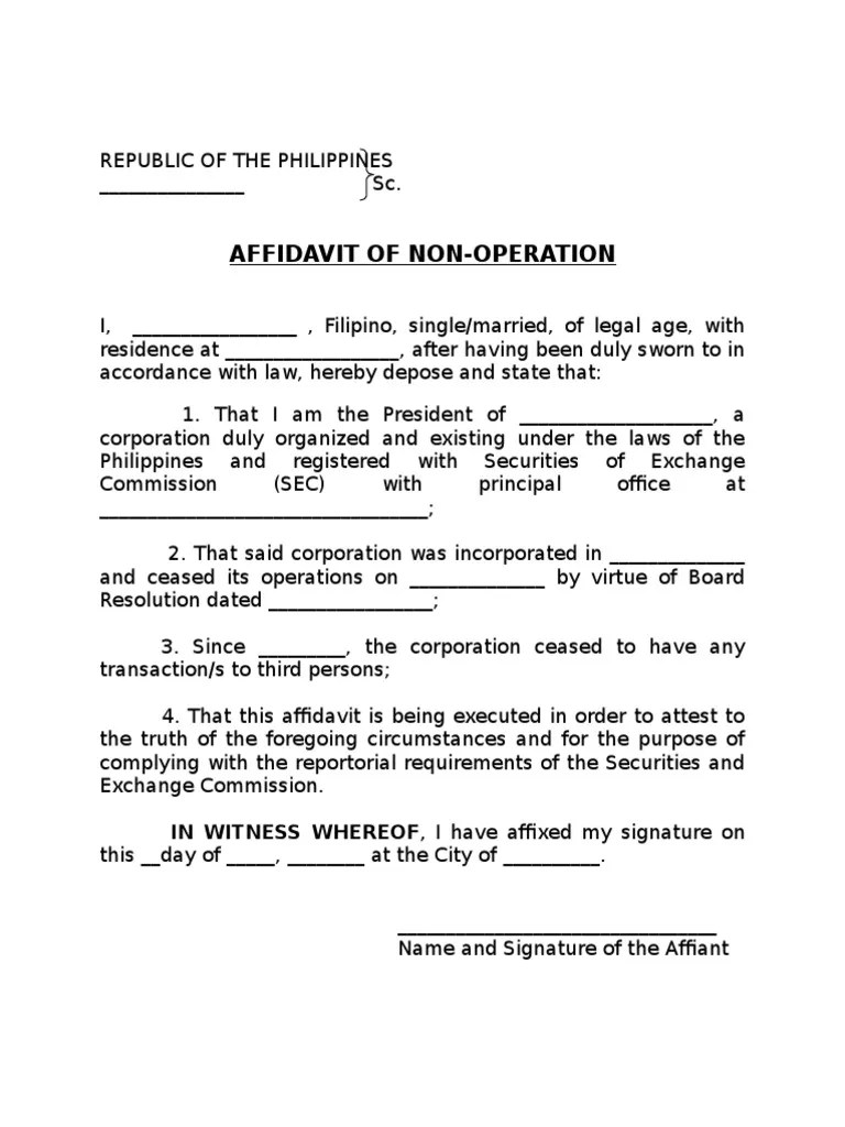 Affidavit of Non Operation Affidavit Notary Public