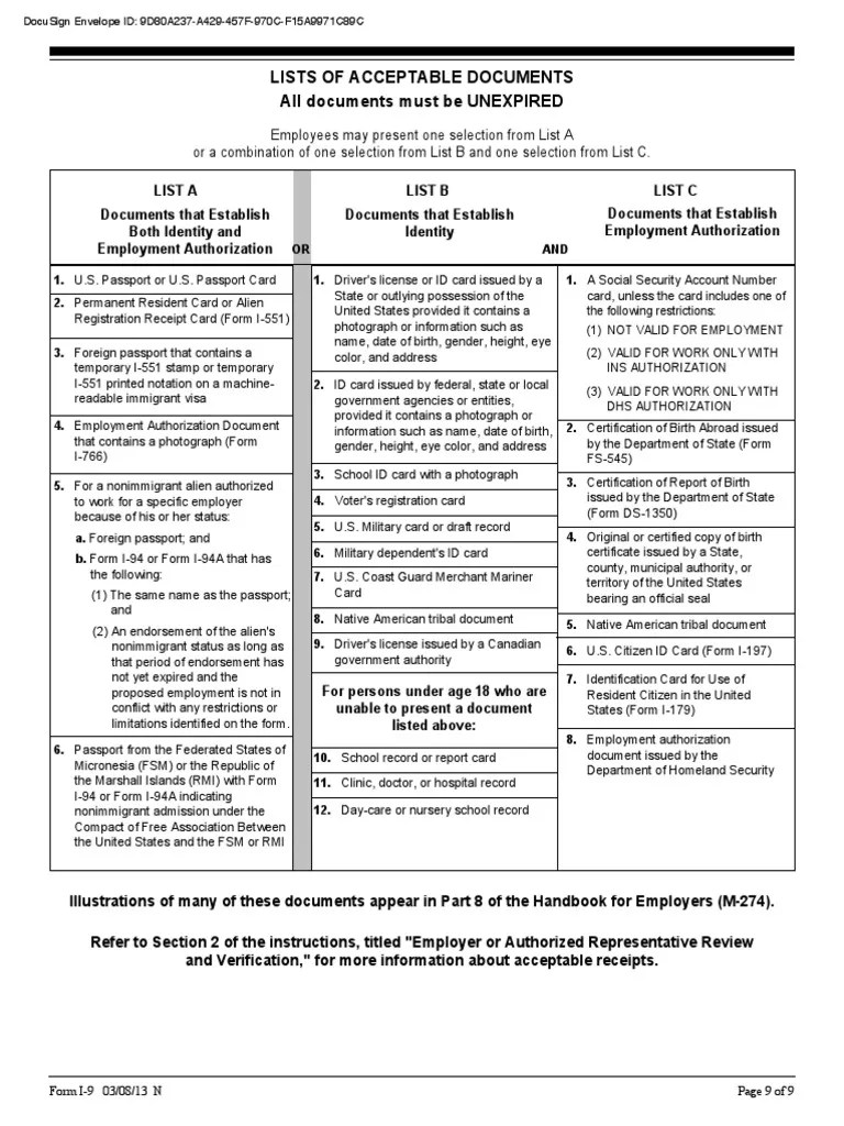 List of Acceptable Documents Permanent Residence (United States