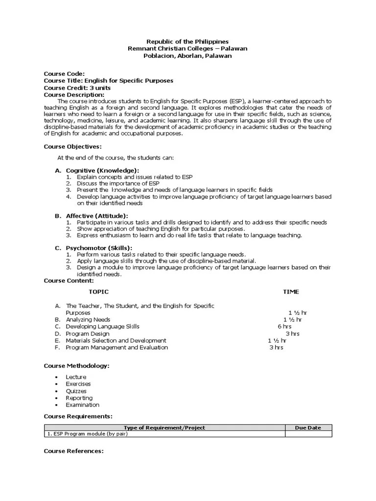 Syllabus on English for Specific Purposes Second Language Learning