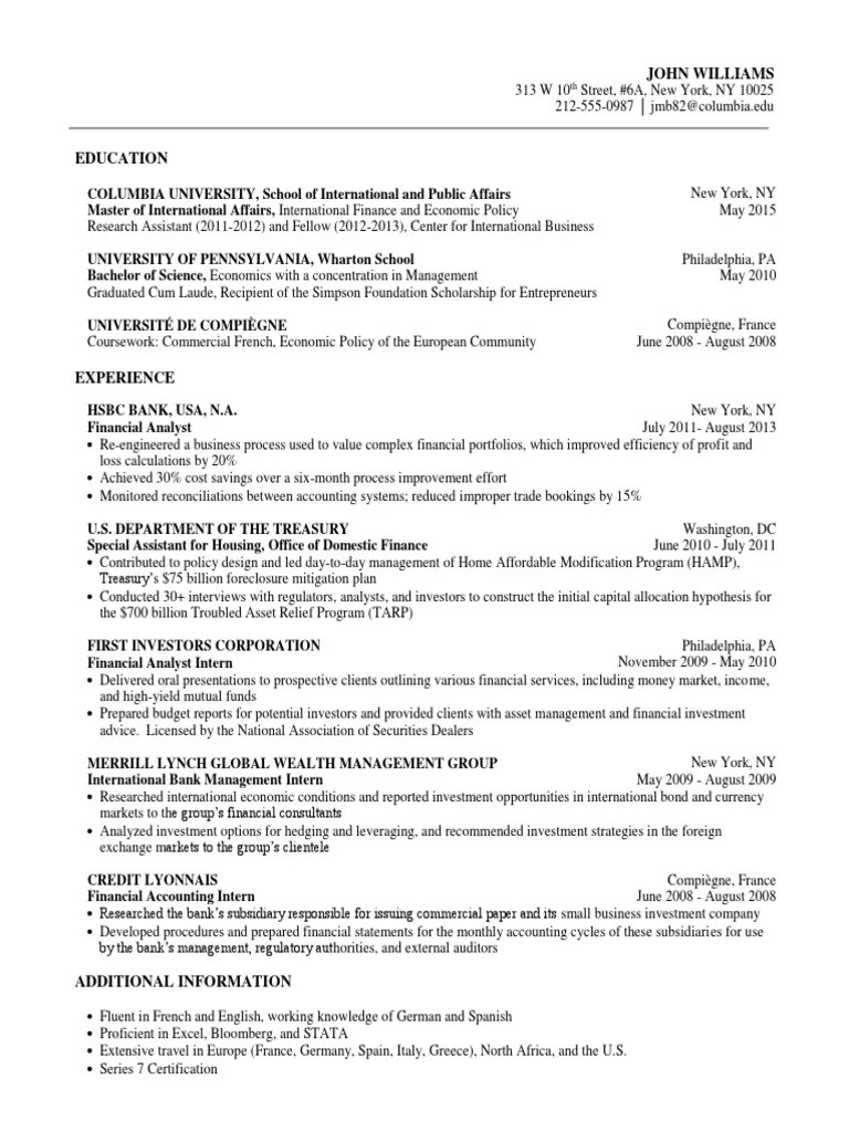 Sample Resume Columbia Sipa | Financial Analyst | Troubled Asset Relief