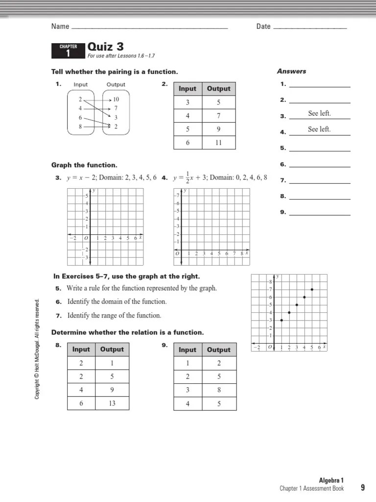 Holt Algebra 1_Chapter 01_Quiz 3 Function (Mathematics