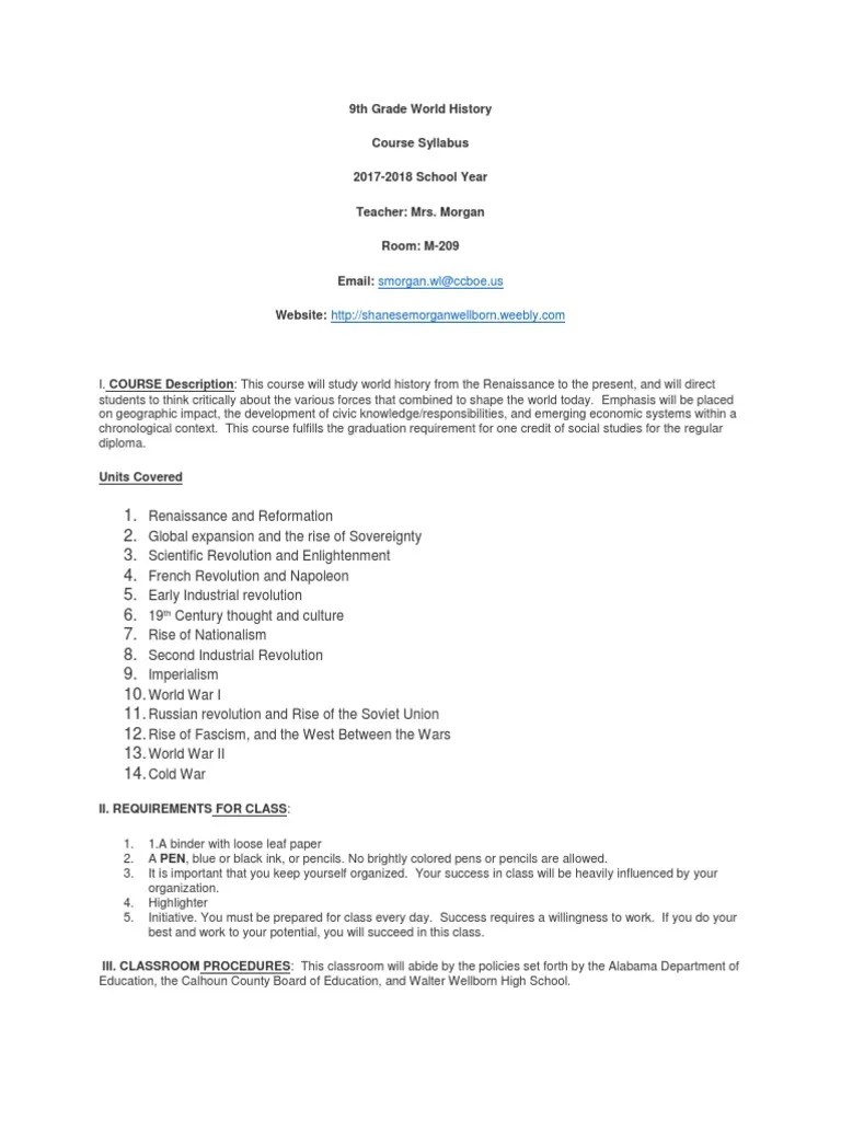 9th grade world history syllabus Homework Test (Assessment)