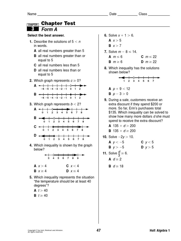 Holt Algebra 1_Chapter 3 Test Inequality (Mathematics) Real Number