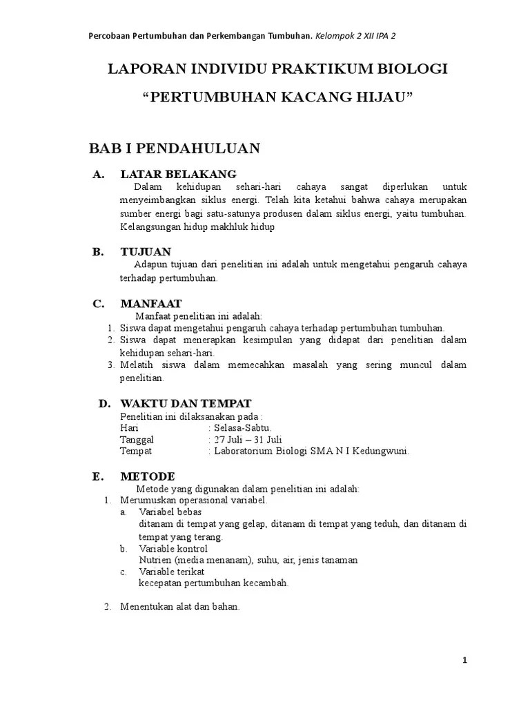 Contoh Laporan Penelitian Pengaruh Cahaya Terhadap Pertumbuhan Tanaman Kacang  Hijau
