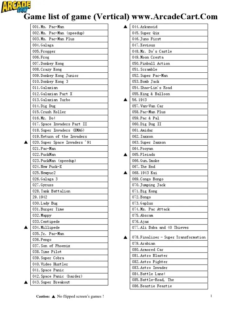 Vertical Arcade games List