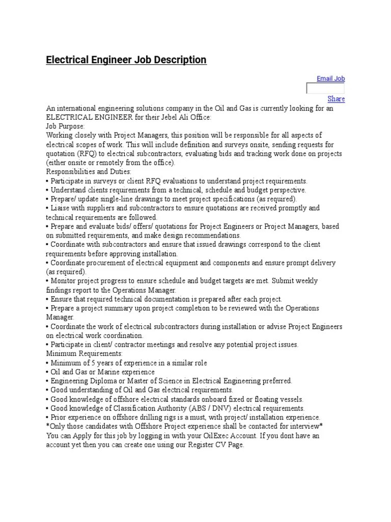 Electrical Engineer Job Description Offshore Drilling Project Manager