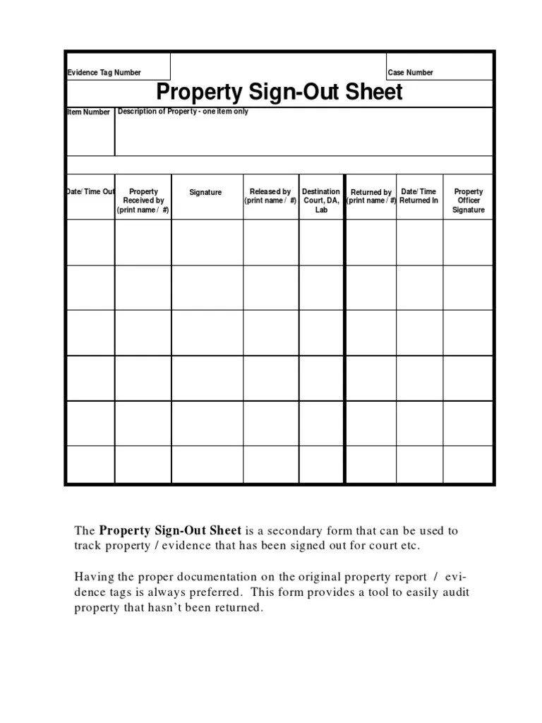 Property Sign Out Sheet