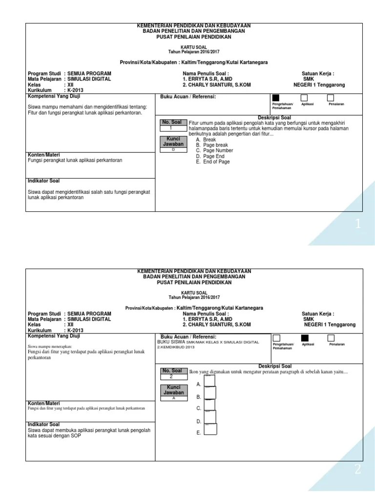 KARTU SOAL Simdig Utama | PDF