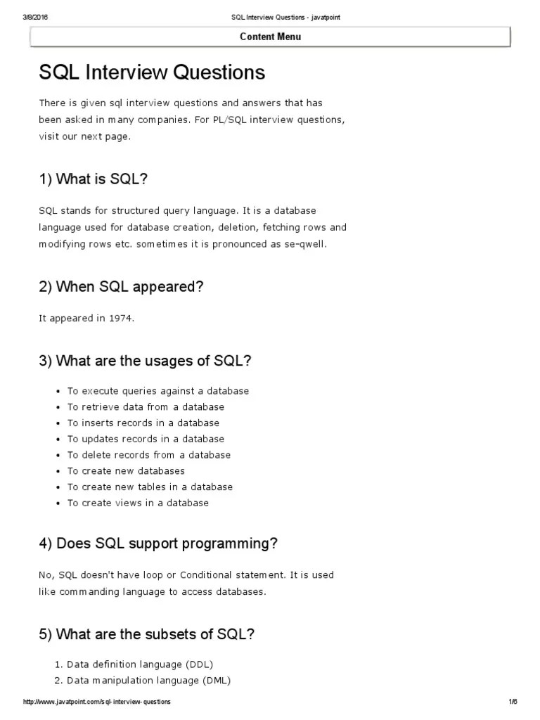 SQL Interview Questions Javatpoint PDF Sql Database Transaction