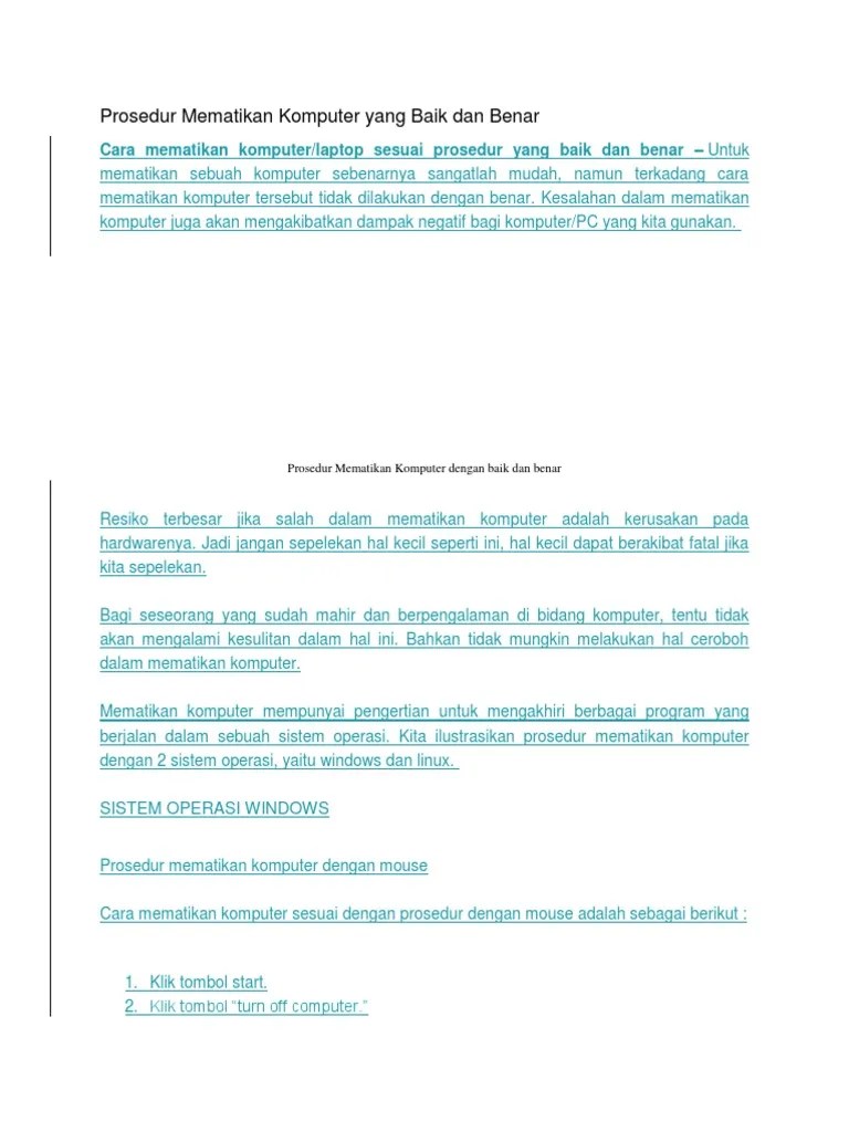 Prosedur Mematikan Komputer Yang Baik Dan Benar | PDF