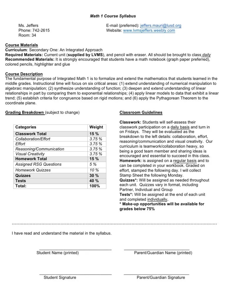math 1 course syllabus Syllabus Teaching Mathematics