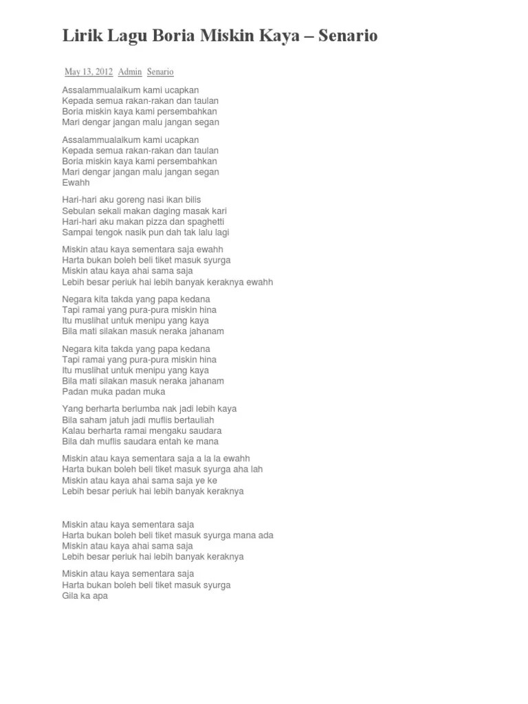 Lirik Lagu Boria Miskin Kaya | PDF