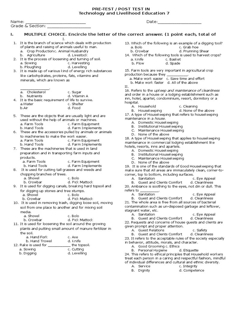 TLE 7 Pre test Housekeeping Plough