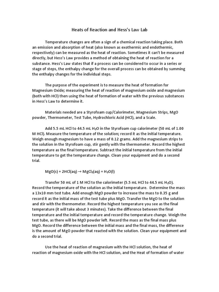 Heats of Reaction and Hess's Law Lab PDF Mole (Unit) Magnesium