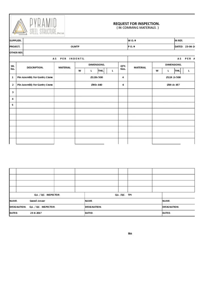 Material Inspection Construction Equipment