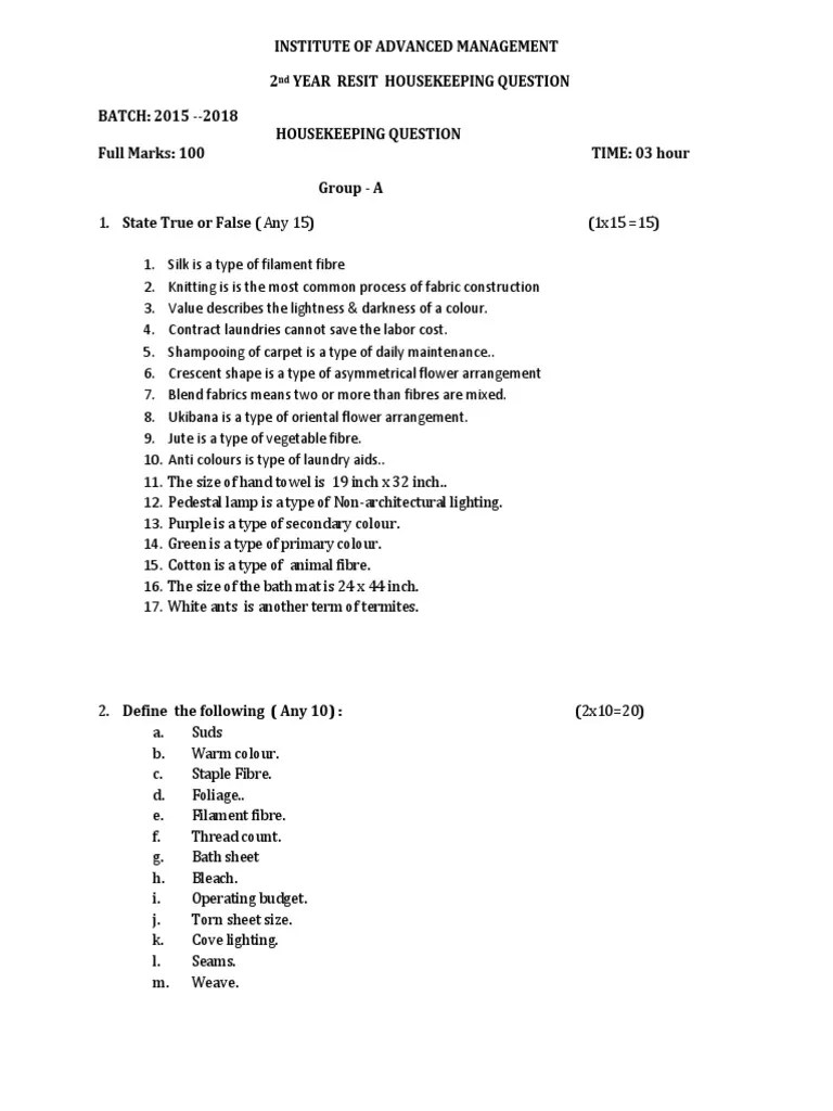 Housekeeping Resit Question Paper( 20152018)) (1) Textiles