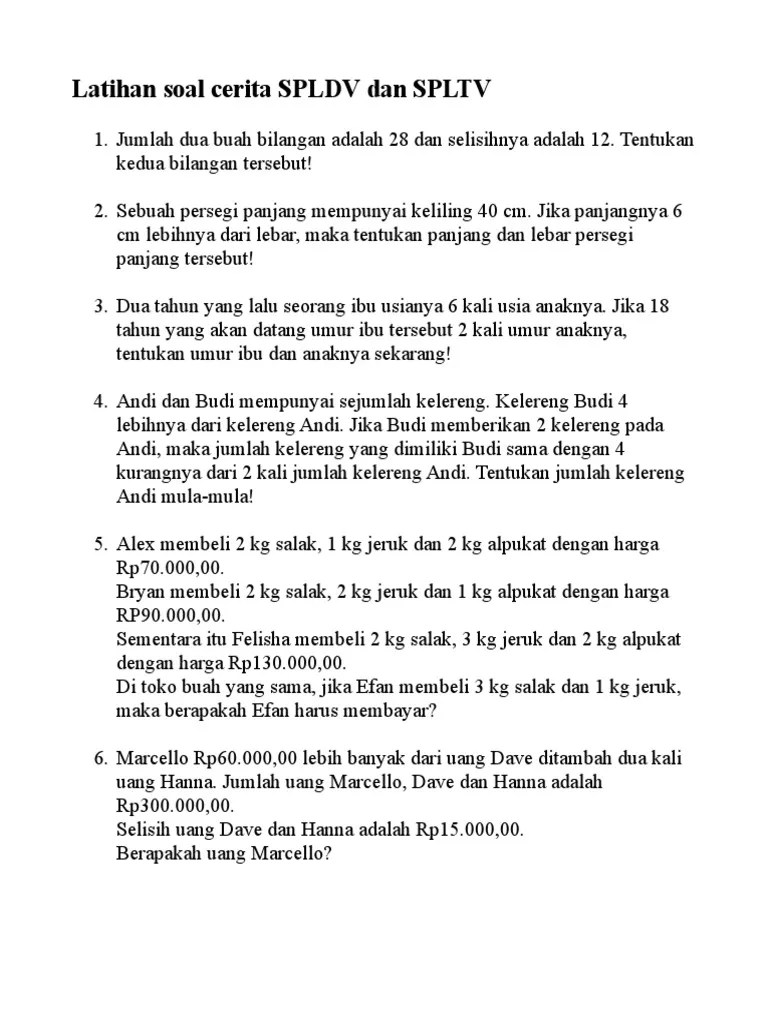 Lat Soal Cerita SPLDV SPLTV | PDF