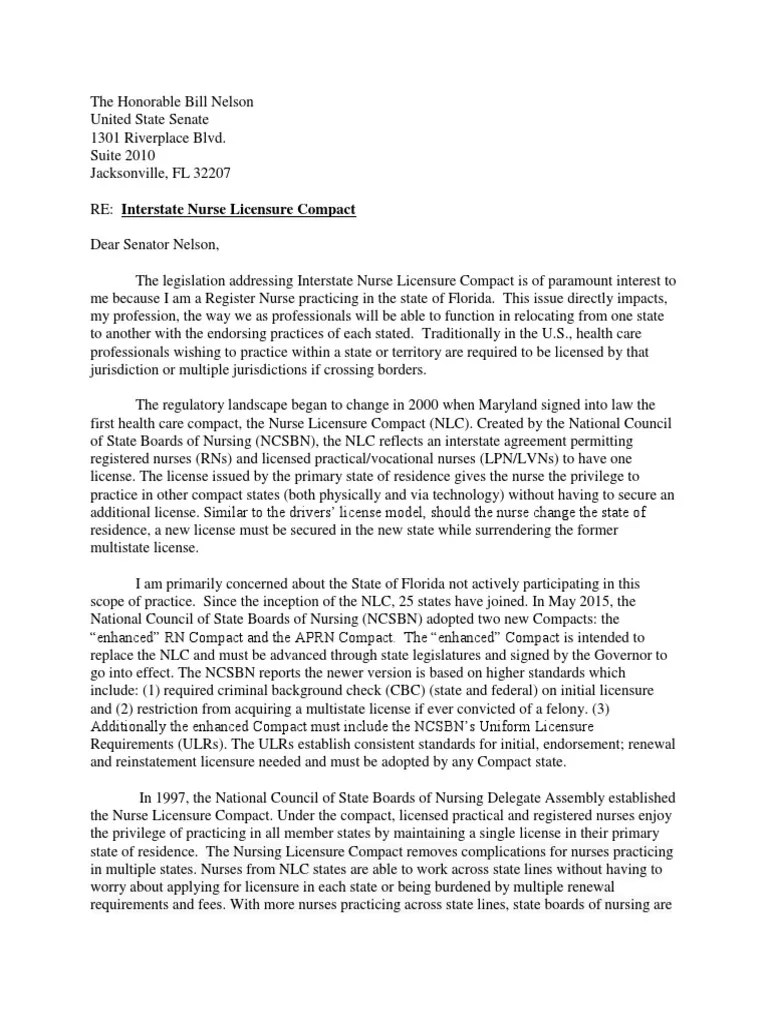 letter to legislator Nursing Licensure