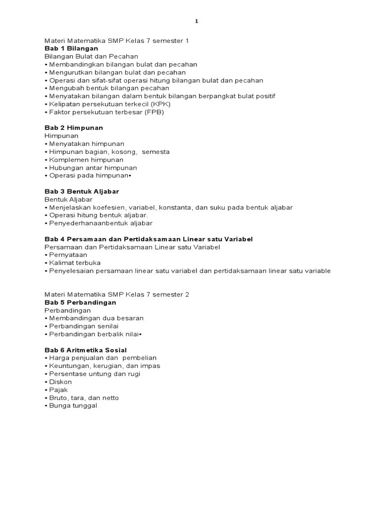 Materi Matematika SMP Kelas 7 Semester 1