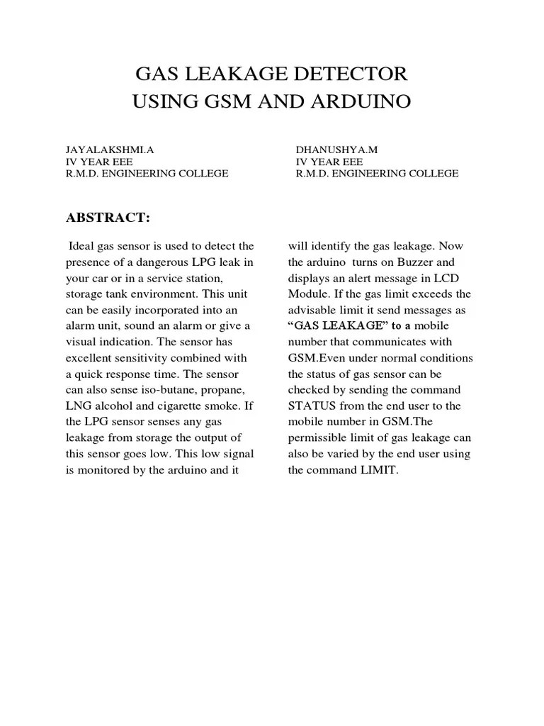 Gas Leakage Detector Using GSM and Arduino Abstract PDF