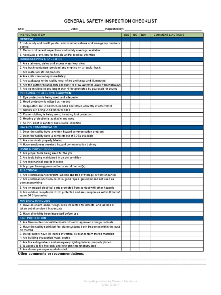 General Industry Safety Checklist Personal Protective Equipment