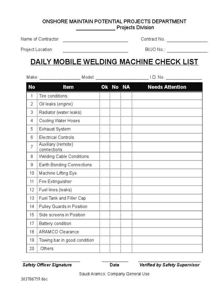 L6.17 Mobile Welding Machine Inspection Checklist PDF
