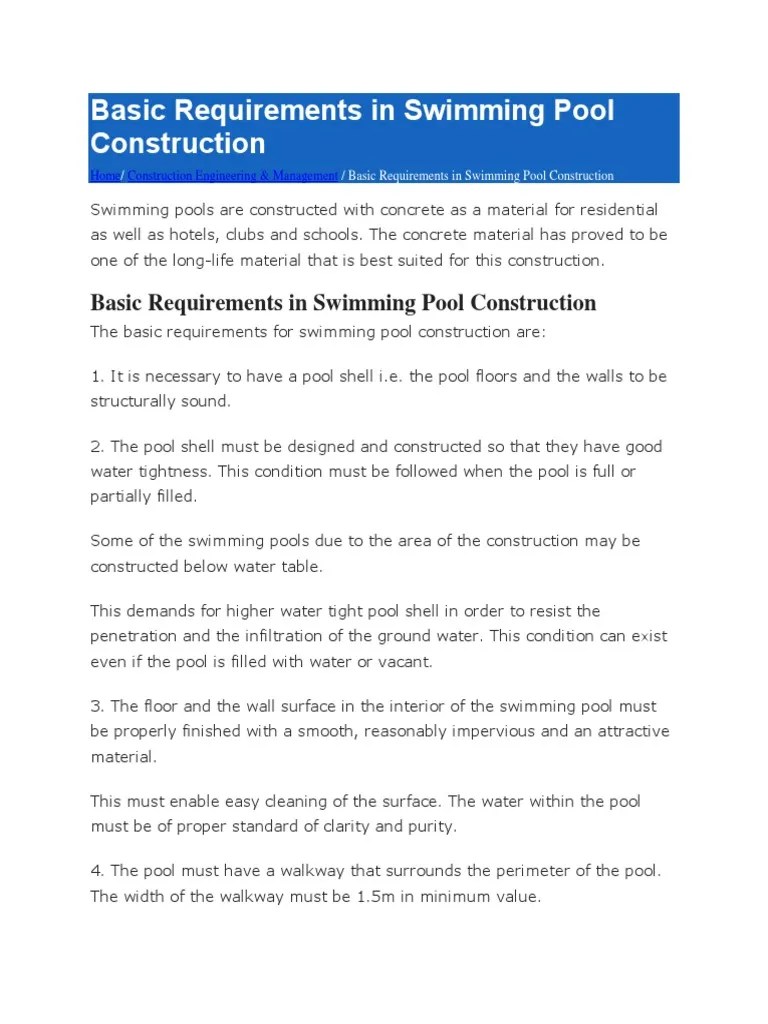 Basic Requirements in Swimming Pool Construction Swimming Pool