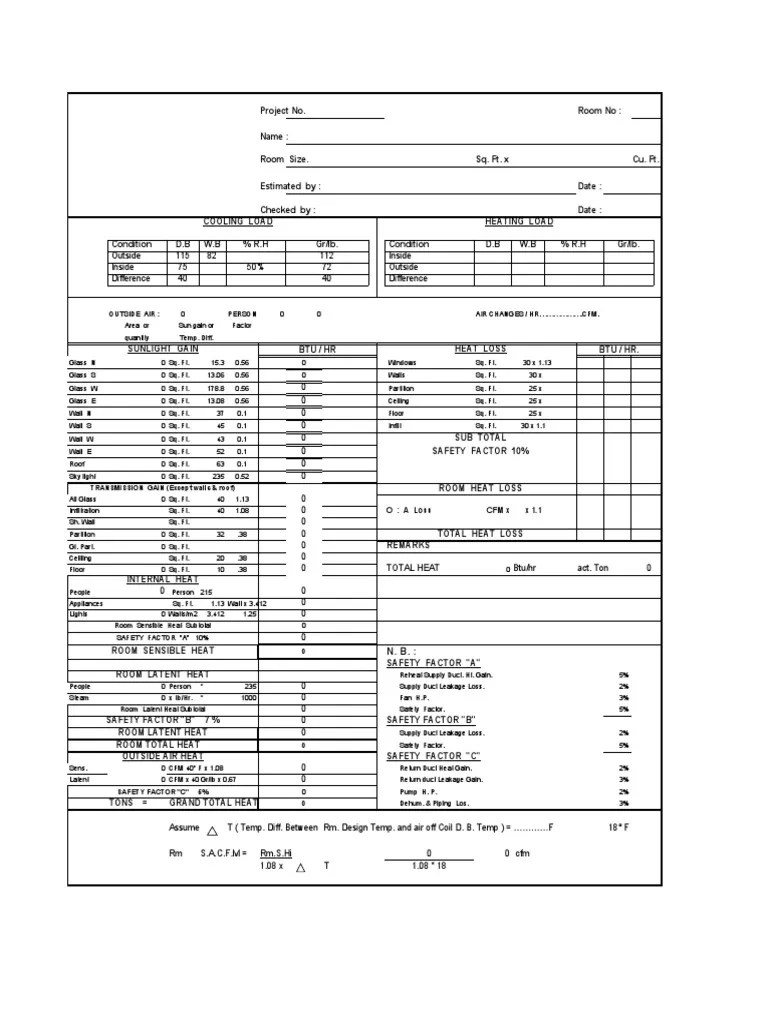 HVAC Cooling Load Estimate Sheet