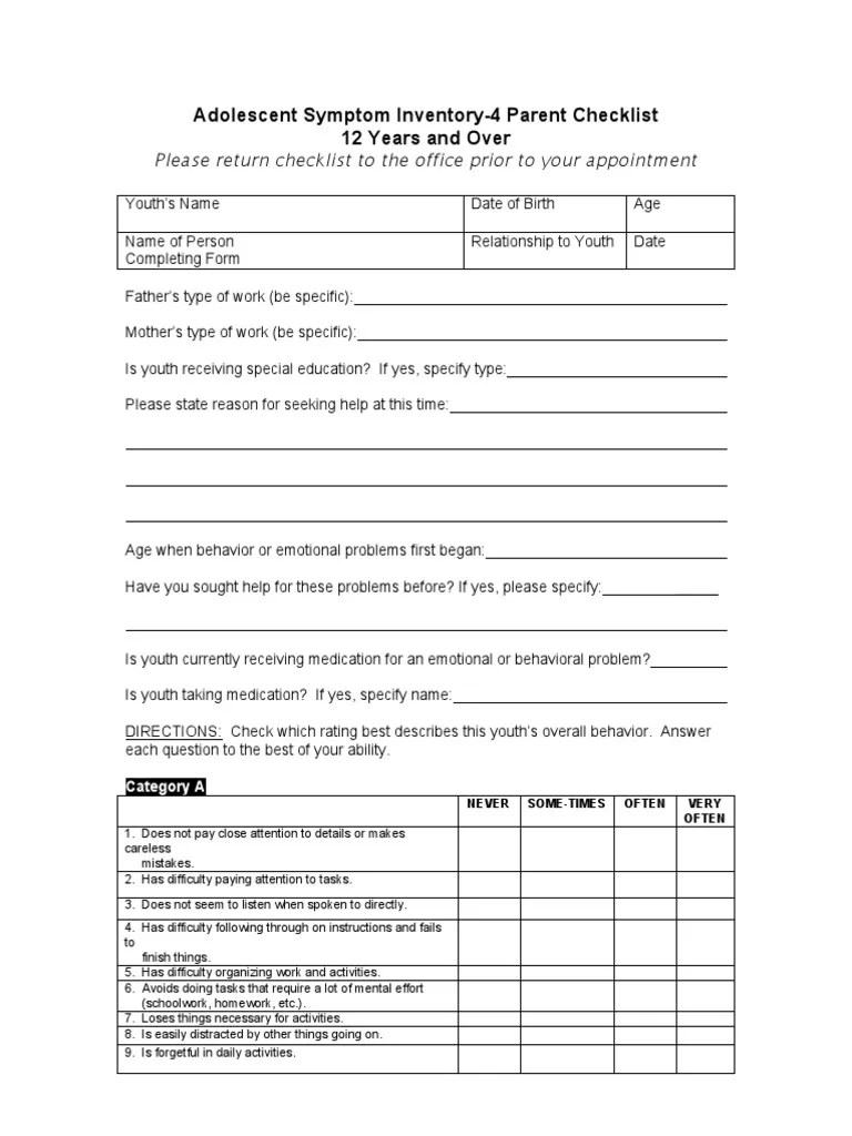 Adolescent Symptom Inventory4 Parent Checklis Anp Ages12up09
