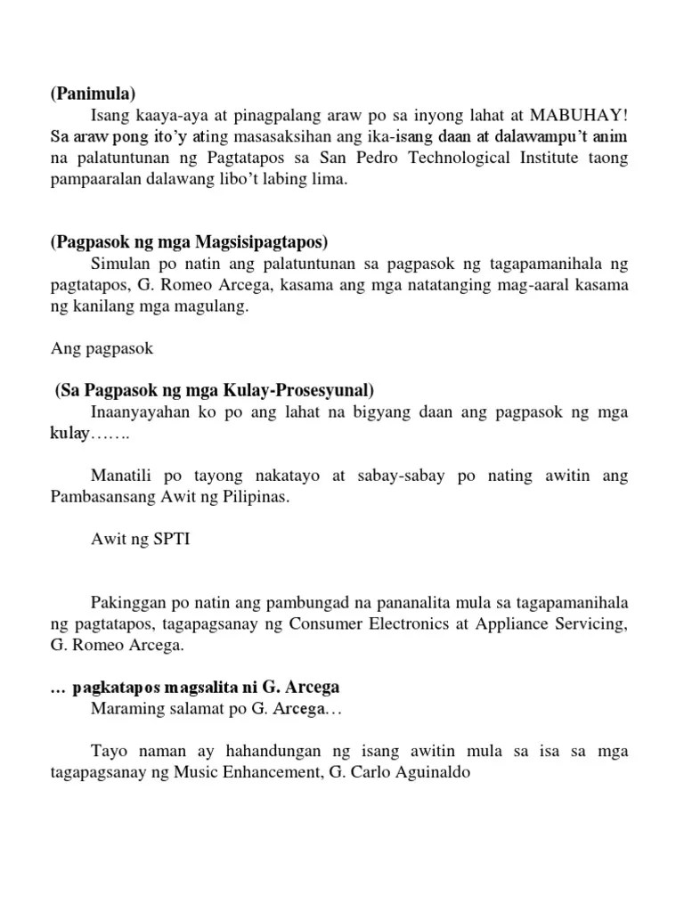 Sample Emcee Script For Kindergarten Graduation Ceremony Tagalog