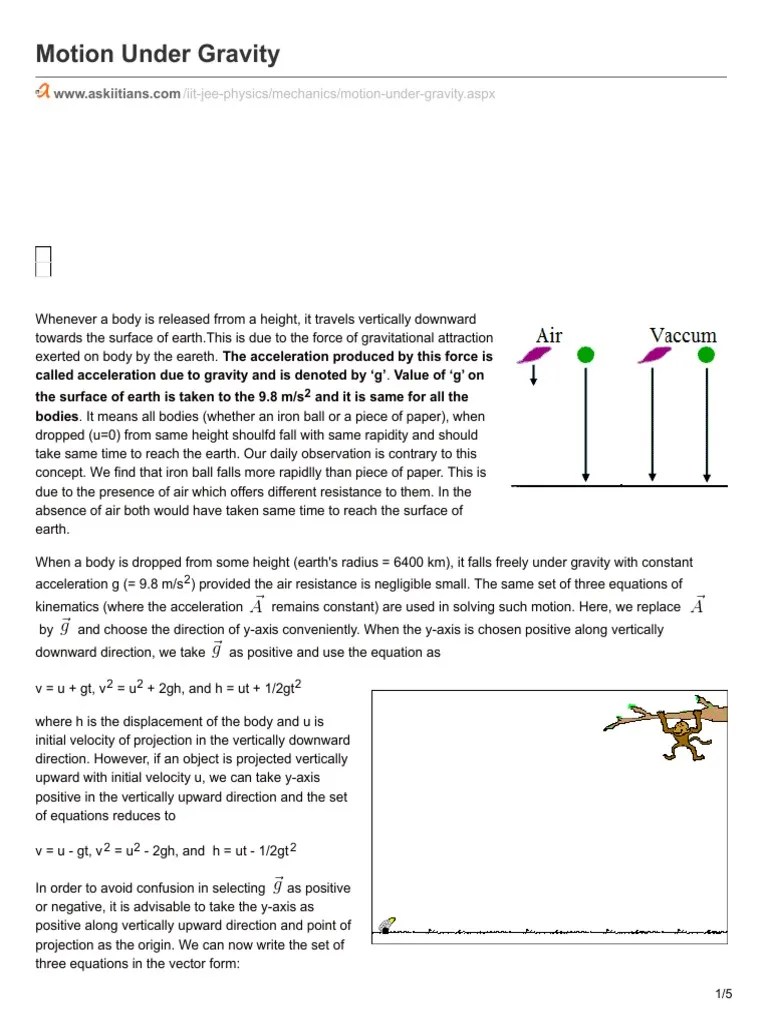 Motion Under Gravity Gravity Acceleration