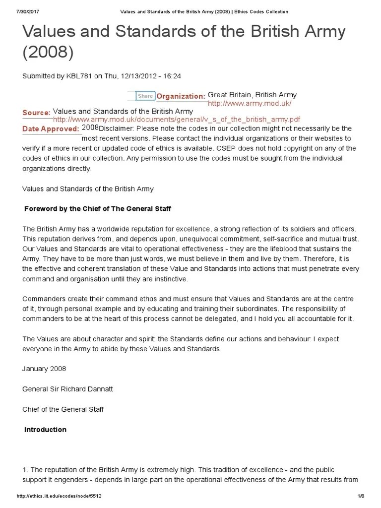 Values and Standards of the British Army (2008) _ Ethics Codes