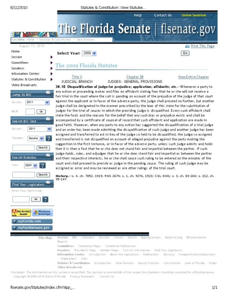 38.10 DISQUALIFICATION OF JUDGE Florida Statutes Bill (Law) Legal