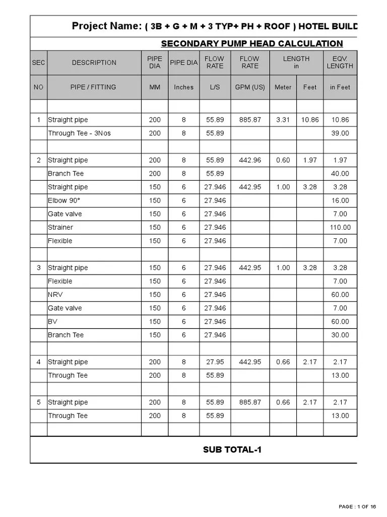 Secondary Pump Head Calculation Foot (Unit) Pipe (Fluid Conveyance)