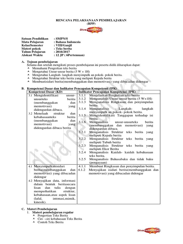 Rpp Bahasa Indonesia Kelas 8 Semester 1 Teks Berita Terbaru IlmuSosial.id