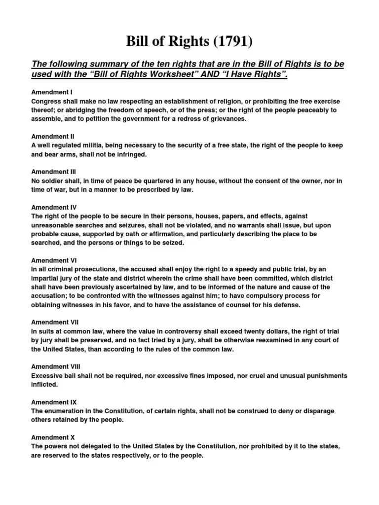 21 Bill of Rights Online Worksheets 1 PDF United States Bill Of