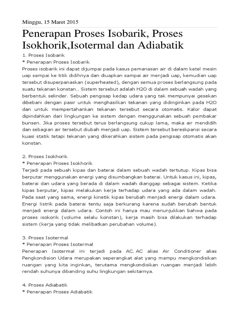 Penerapan Proses Isobarik, Proses Isokhorik, Isotermal Dan Adiabatik | PDF