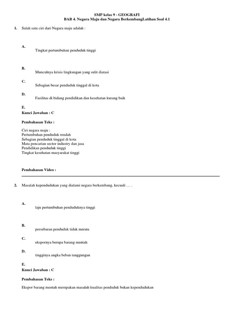 LATIHAN SOAL SMP Kelas 9 GEOGRAFI BAB 4. Negara Maju Dan Negara Berkembang  Latihan Soal 4.1 | PDF