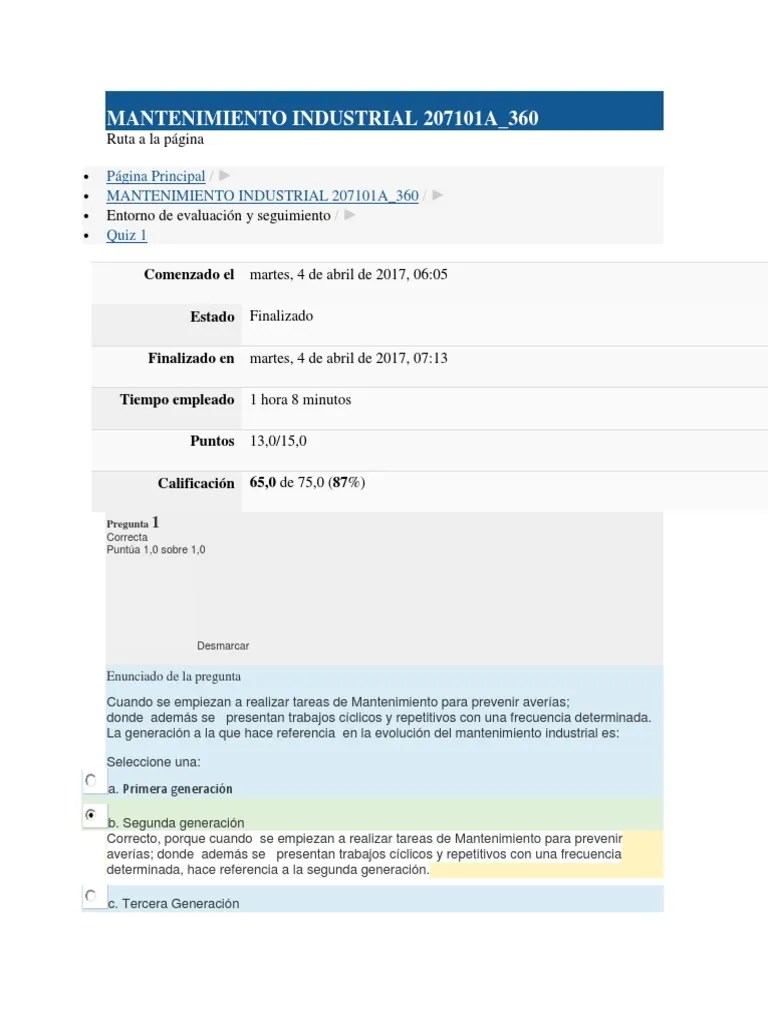 Quiz 1 Mantenimiento Industrial | PDF | Calidad (comercial
