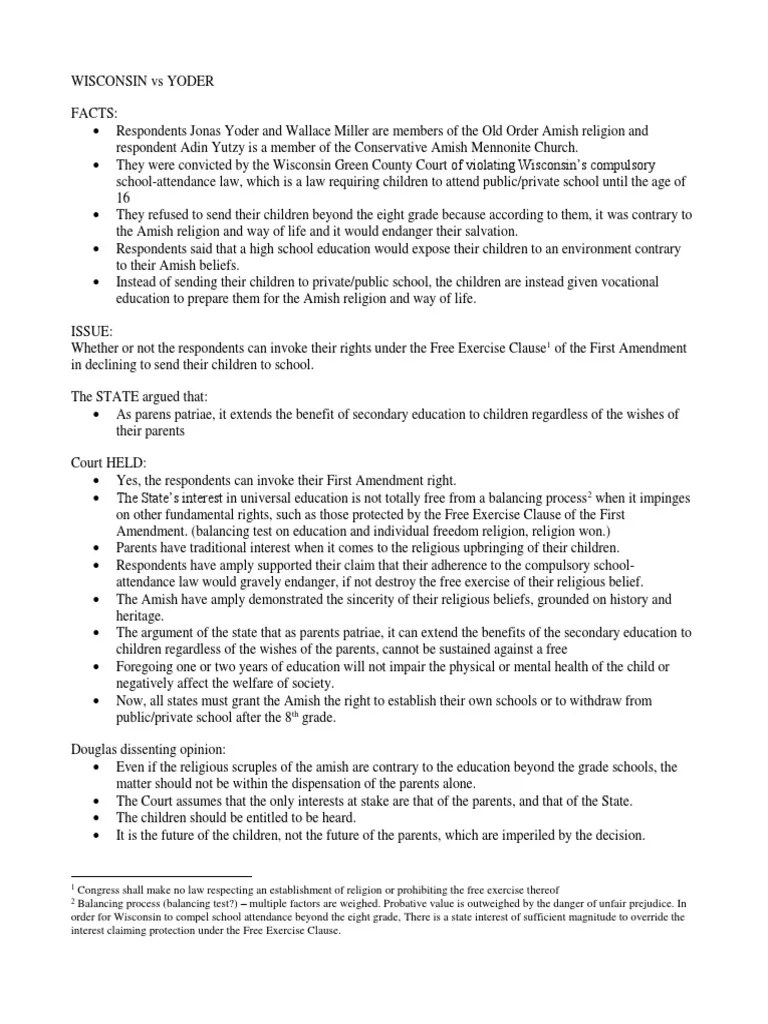 Wisconsin Vs Yoder Digests PDF Free Exercise Clause Obscenity