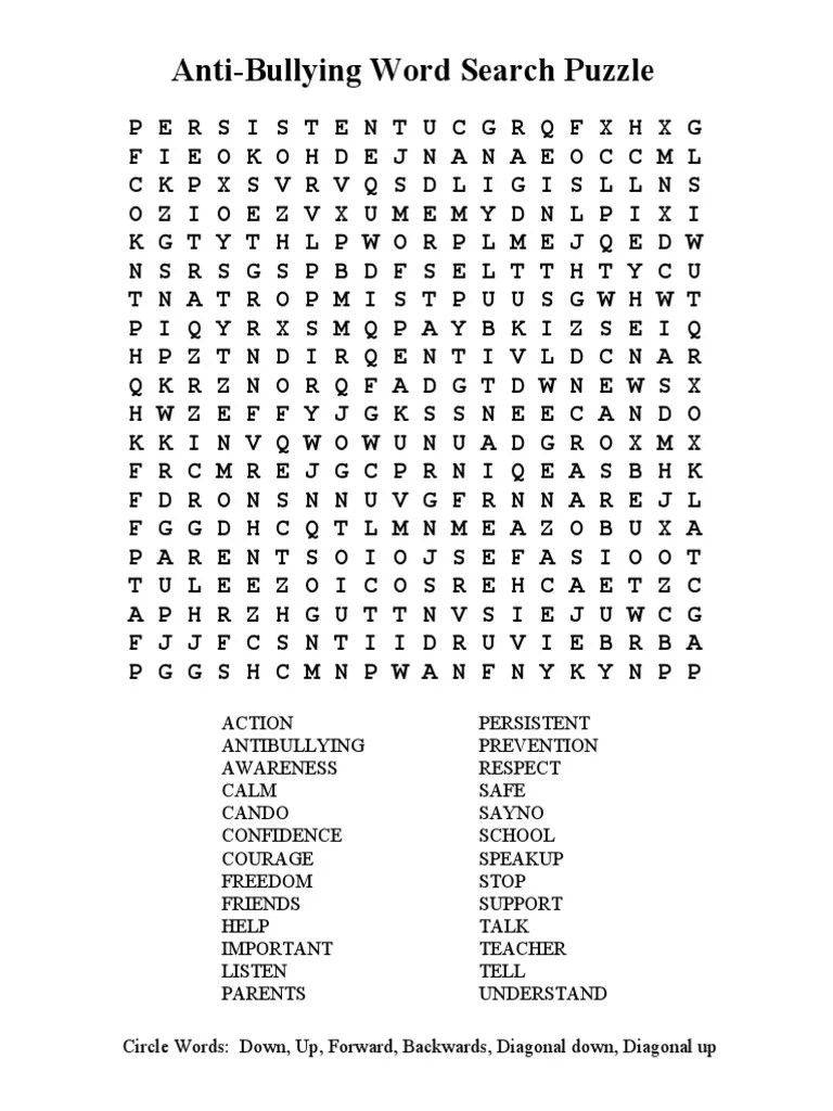 Anti Bullying Word Search Puzzle 8x11
