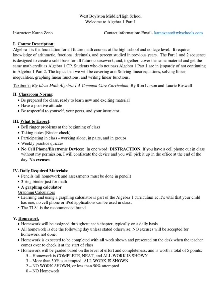 algebra 1 part 1 syllabus Homework Educational Assessment