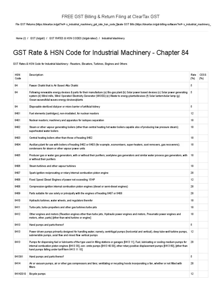 GST Rate & HSN Code For Industrial Machinery Chapter 84 PDF Internal Combustion Engine