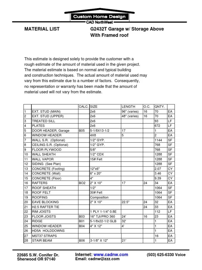 Garage Materials List PDF Building Materials Building Technology