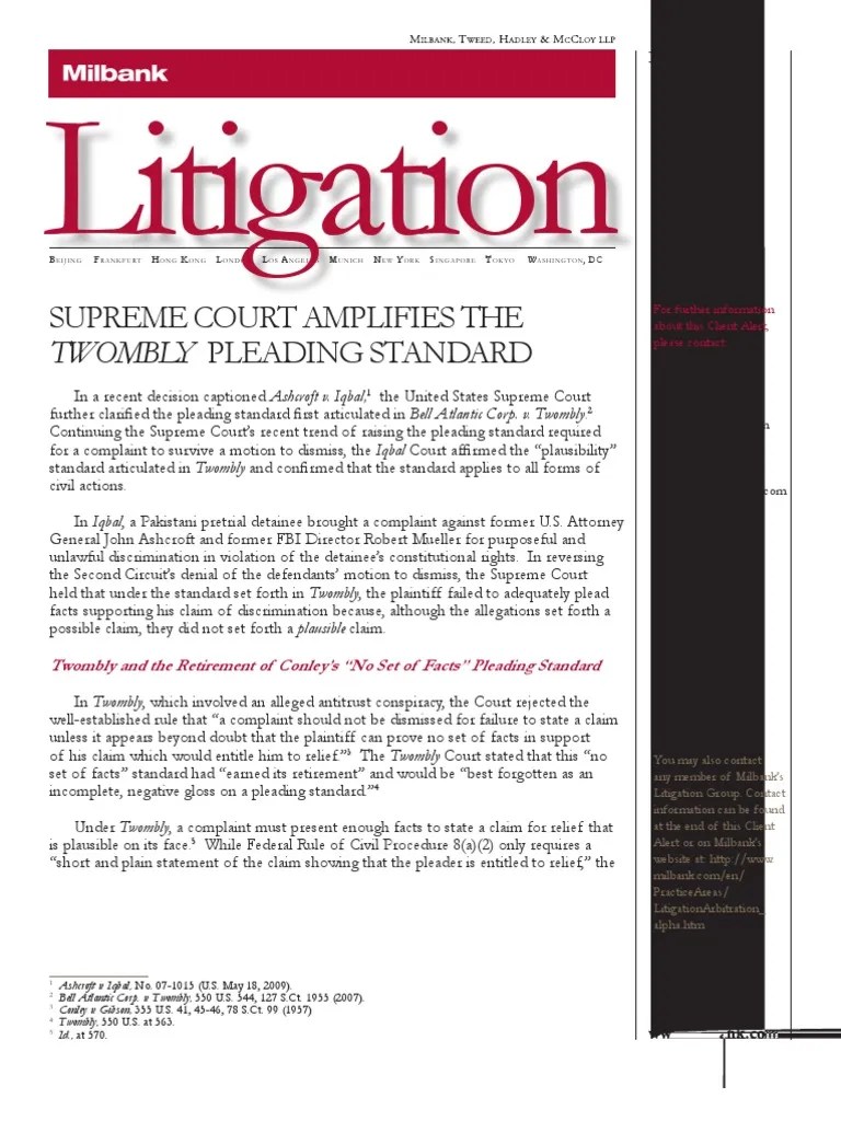 TWOMBLY Pleading Standard Ashcroft v Iqbal Pleading Lawsuit