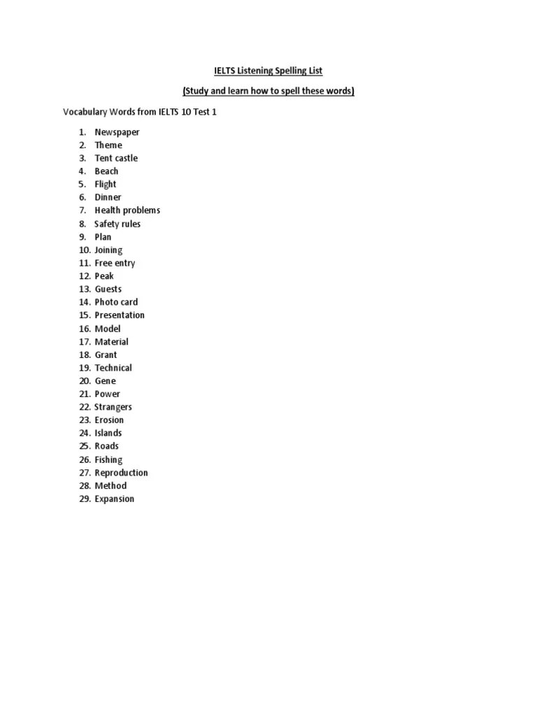 IELTS Listening Spelling List International English Language Testing