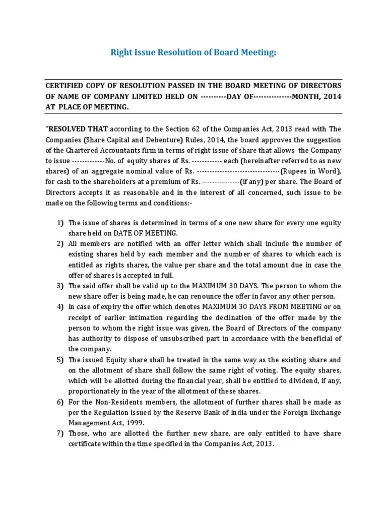 RightIssueResolutionofBoardMeeting.docx Board Of Directors Equity (Finance)