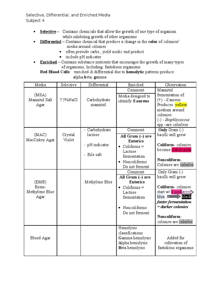 Selective, Differential, & Enriched Media Lab Chart