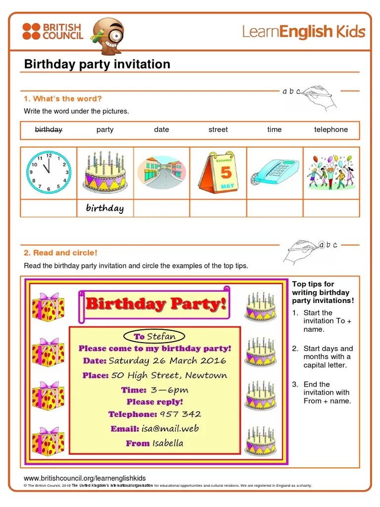 Writing Practice Birthday Party Invitation Worksheet