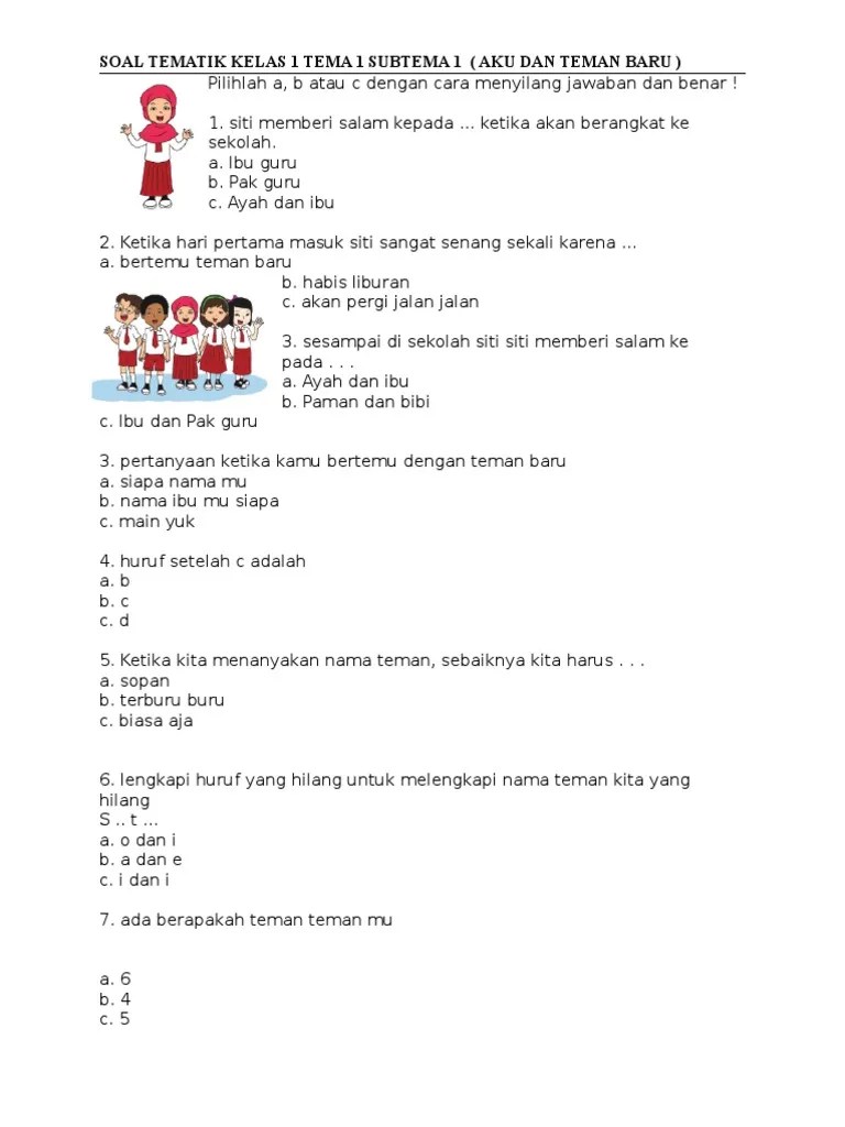 Soal Tematik Kelas 1 Tema 1 Subtema 1